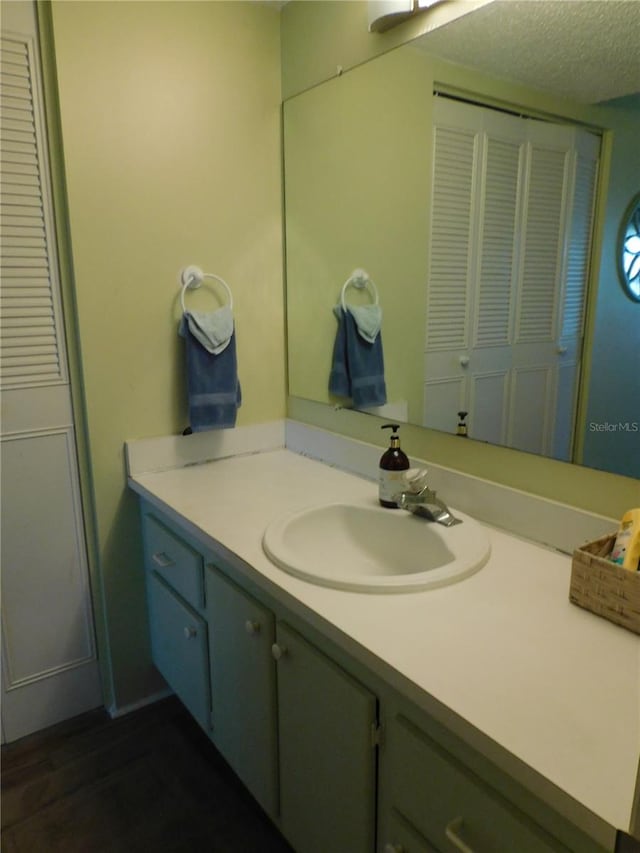 9 Forbes Pl Unit 310, Dunedin, FL 34698 - bathroom featuring vanity, a textured ceiling, and a closet