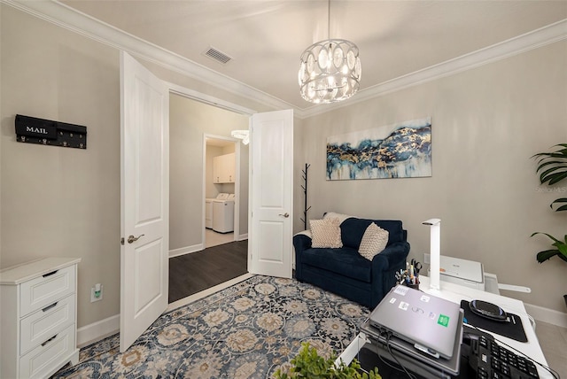 3318 Woodland Brook Way, Wesley Chapel, FL 33543 - office featuring independent washer and dryer, crown molding, a chandelier, and wood finished floors