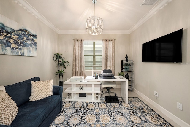 3318 Woodland Brook Way, Wesley Chapel, FL 33543 - office space with ornamental molding and a chandelier