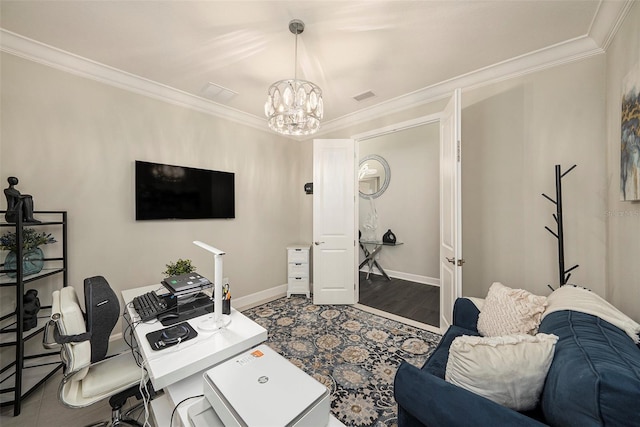 3318 Woodland Brook Way, Wesley Chapel, FL 33543 - living room featuring ornamental molding, a chandelier, a desk, and wood finished floors