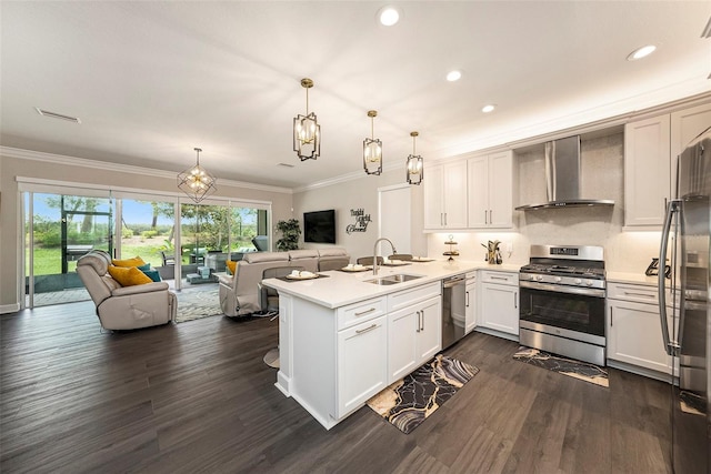 3318 Woodland Brook Way, Wesley Chapel, FL 33543 - kitchen with stainless steel appliances, wall chimney exhaust hood, open floor plan, a peninsula, and crown molding