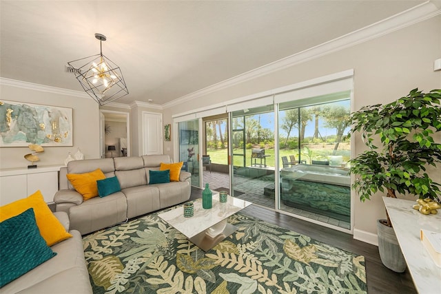 3318 Woodland Brook Way, Wesley Chapel, FL 33543 - living area with crown molding, plenty of natural light, wood finished floors, and a chandelier