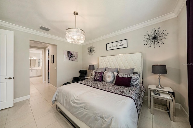 3318 Woodland Brook Way, Wesley Chapel, FL 33543 - bedroom featuring a chandelier, light tile patterned floors, crown molding, and ensuite bathroom