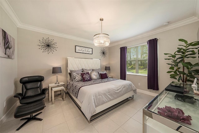 3318 Woodland Brook Way, Wesley Chapel, FL 33543 - bedroom featuring crown molding, light tile patterned floors, and a chandelier