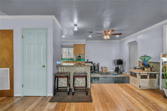2501 18th Ave S, Saint Petersburg, FL 33712 - kitchen with wood finished floors, a sink, a ceiling fan, arched walkways, and a peninsula
