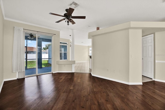 23917 Pow Wow Dr, Lutz, FL 33559 - unfurnished living room featuring a ceiling fan, wood finished floors, baseboards, and ornamental molding