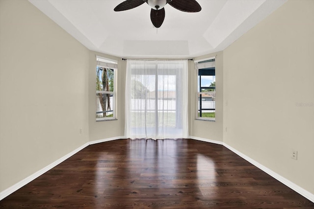 23917 Pow Wow Dr, Lutz, FL 33559 - spare room with a raised ceiling, dark wood-style floors, ceiling fan, and baseboards