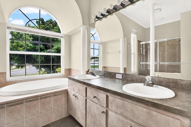 23917 Pow Wow Dr, Lutz, FL 33559 - full bathroom with a stall shower, double vanity, and a garden tub