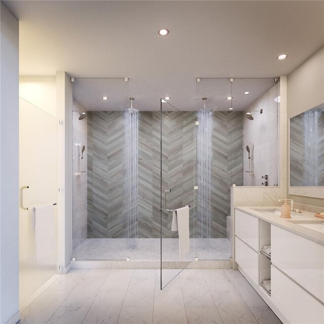 400 Central Ave Unit 2705, Saint Petersburg, FL 33701 - full bath featuring marble finish flooring, a stall shower, recessed lighting, and double vanity