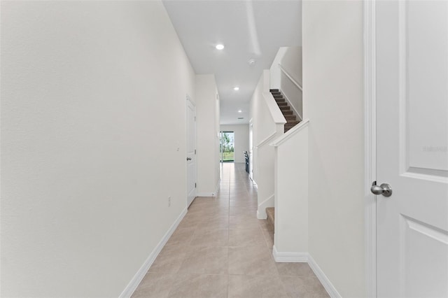 308 Mangrove Shade Cir, Apollo Beach, FL 33572 - hallway with light tile patterned floors, recessed lighting, and stairway