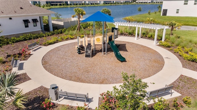 308 Mangrove Shade Cir, Apollo Beach, FL 33572 - community playground featuring a water view and a pergola