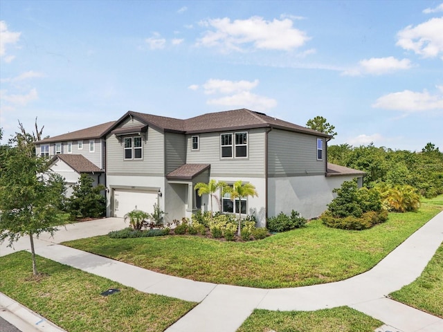 13157 Peachleaf Ave, Riverview, FL 33579 - view of front of house with a garage, concrete driveway, a front yard, stucco siding, and roof with shingles