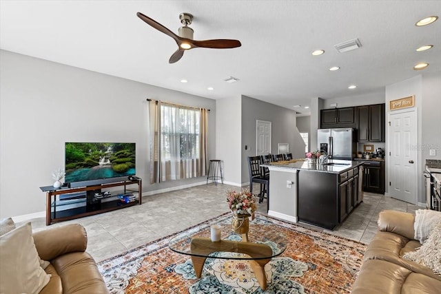7916 Evergreen Creek Ct, Riverview, FL 33578 - living room featuring light tile patterned floors, recessed lighting, and a ceiling fan