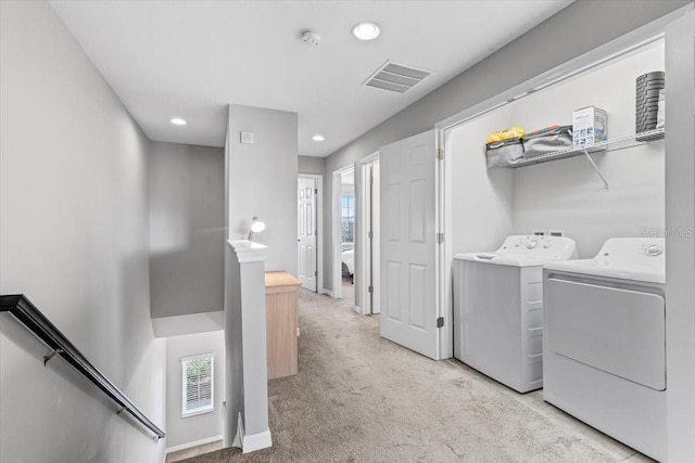 7916 Evergreen Creek Ct, Riverview, FL 33578 - laundry room with washer and dryer, light carpet, and recessed lighting