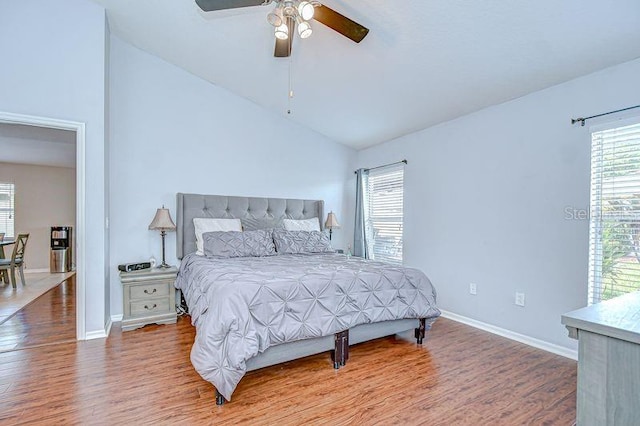 31349 Philmar Ln, Wesley Chapel, FL 33543 - bedroom featuring wood finished floors, lofted ceiling, and ceiling fan