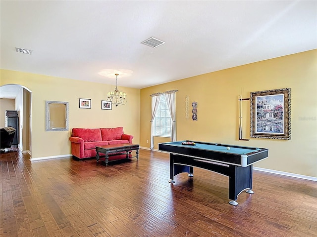 3824 Duke Firth St, Land O Lakes, FL 34638 - playroom featuring arched walkways, wood finished floors, a chandelier, and billiards table