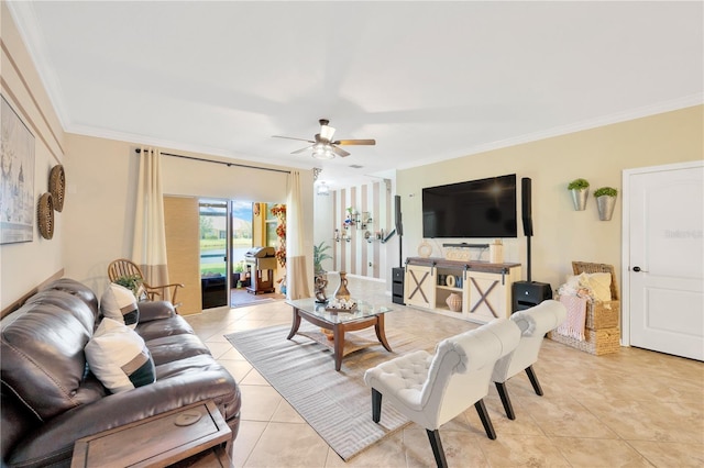 2022 Hawks View Dr, Ruskin, FL 33570 - living room featuring crown molding, a ceiling fan, and light tile patterned floors