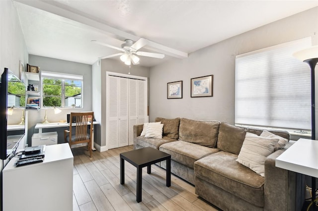 7219 4th Ave N, Saint Petersburg, FL 33710 - living area featuring ceiling fan, light wood finished floors, an office area, beam ceiling, and baseboards