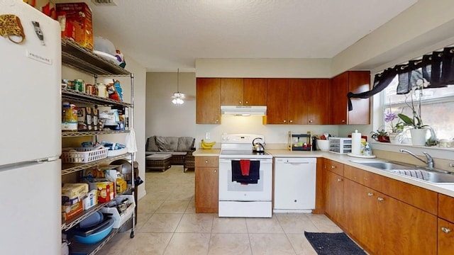 22798 Penny Loop, Land O Lakes, FL 34639 - kitchen featuring under cabinet range hood, white appliances, a sink, and light countertops