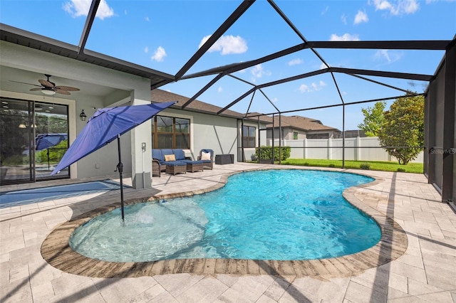 11434 Leland Groves Dr, Riverview, FL 33579 - view of swimming pool featuring a patio, an outdoor living space, a ceiling fan, and glass enclosure