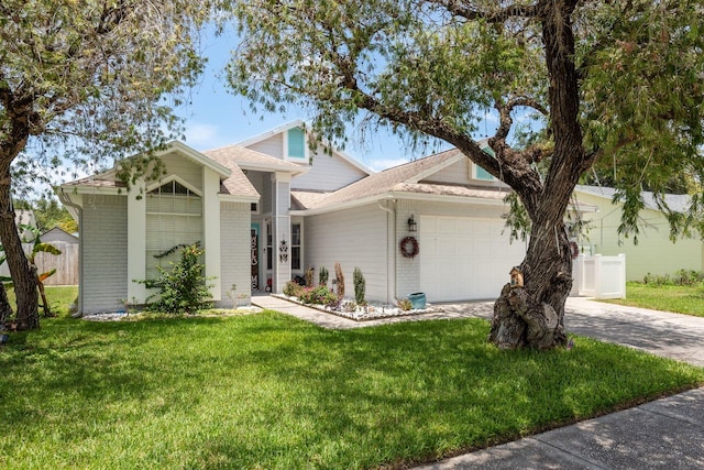 5826 Taywood Dr, Tampa, FL 33624 - view of front of home featuring an attached garage, a front yard, driveway, a shingled roof, and brick siding