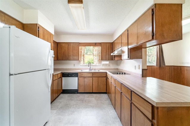 201 W New York Ave, Orange City, FL 32763 - kitchen with freestanding refrigerator, stainless steel dishwasher, under cabinet range hood, black electric cooktop, and light countertops