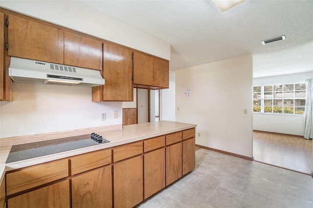 201 W New York Ave, Orange City, FL 32763 - kitchen with under cabinet range hood, black electric cooktop, brown cabinets, and light countertops