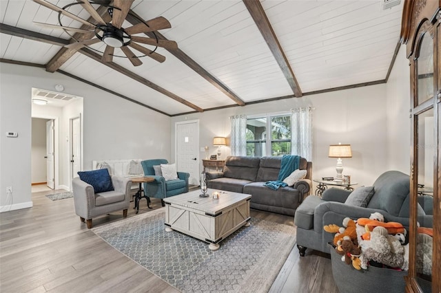 10614 Hudson Ave, Hudson, FL 34669 - living area featuring ceiling fan, light wood-style floors, baseboards, and wooden ceiling