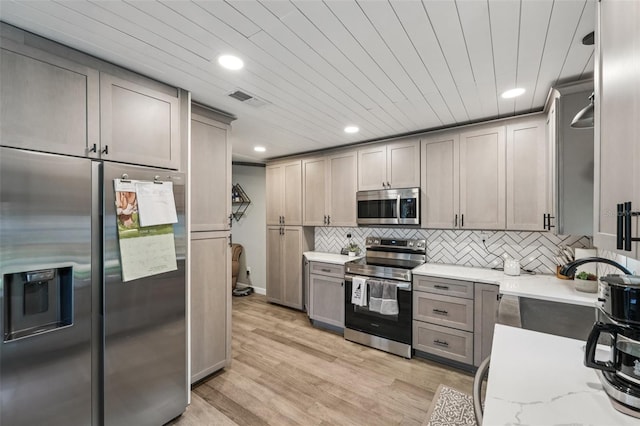 10614 Hudson Ave, Hudson, FL 34669 - kitchen with appliances with stainless steel finishes, gray cabinets, light stone counters, light wood-type flooring, and decorative backsplash
