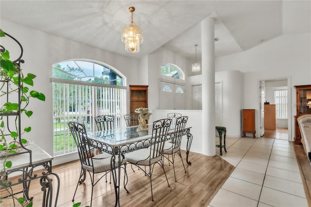 22946 Brownwood Ct, Land O Lakes, FL 34639 - dining room with healthy amount of natural light, wood finished floors, a chandelier, and high vaulted ceiling