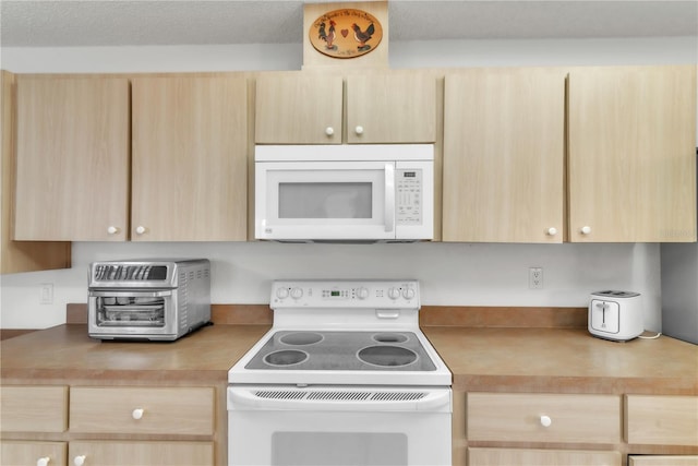 22946 Brownwood Ct, Land O Lakes, FL 34639 - kitchen with white appliances, light brown cabinets, and butcher block counters