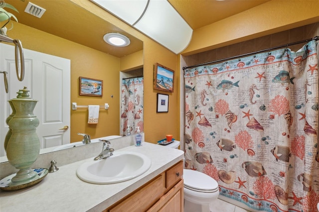 13238 Asbury St, Spring Hill, FL 34609 - bathroom featuring vanity, toilet, curtained shower, and tile patterned floors