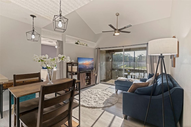 10423 Carrollbrook Cir Unit 203, Tampa, FL 33618 - living room featuring ceiling fan, light wood finished floors, and high vaulted ceiling