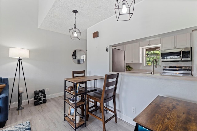 10423 Carrollbrook Cir Unit 203, Tampa, FL 33618 - dining space featuring light wood-style flooring, a textured ceiling, and baseboards