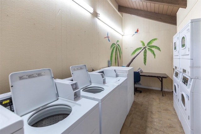 10423 Carrollbrook Cir Unit 203, Tampa, FL 33618 - shared laundry room with estacked washer and dryer, washing machine and clothes dryer, and wooden ceiling