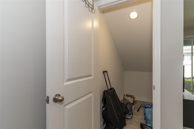 2801 Midnight Pearl Dr, Sarasota, FL 34240 - stairway featuring carpet flooring, vaulted ceiling, and baseboards