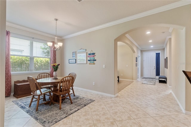 19418 Butterwood Ln, Lutz, FL 33558 - dining space with arched walkways, crown molding, light tile patterned floors, baseboards, and a chandelier