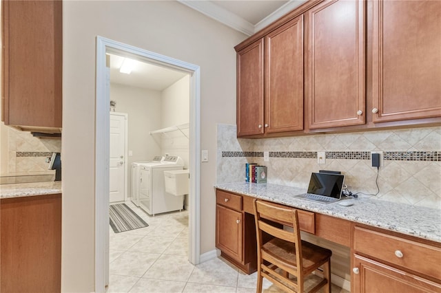 19418 Butterwood Ln, Lutz, FL 33558 - office featuring independent washer and dryer, built in desk, light tile patterned floors, and ornamental molding