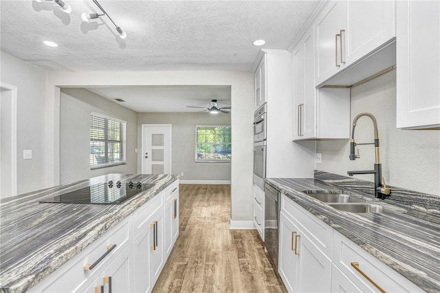 223 Pinehurst Dr, Auburndale, FL 33823 - kitchen featuring black electric cooktop, light wood-style floors, white cabinets, stainless steel dishwasher, and a ceiling fan