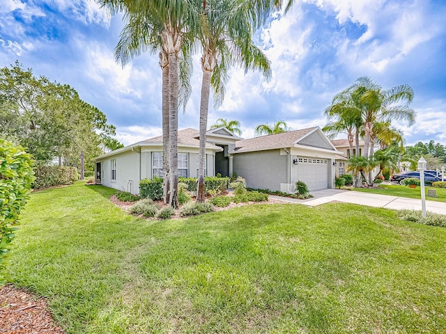 1338 Winding Willow Dr, Trinity, FL 34655 - ranch-style house with stucco siding, a garage, driveway, and a front lawn
