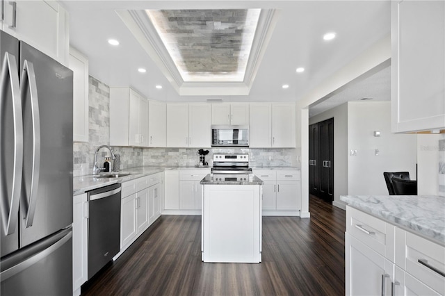 1501 Gulf Blvd Unit 201, Clearwater Beach, FL 33767 - kitchen with stainless steel appliances, a tray ceiling, dark wood finished floors, backsplash, and light stone countertops