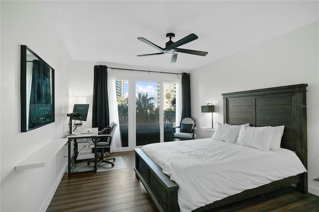 1501 Gulf Blvd Unit 201, Clearwater Beach, FL 33767 - bedroom with an office area, dark wood-style flooring, access to outside, and ceiling fan