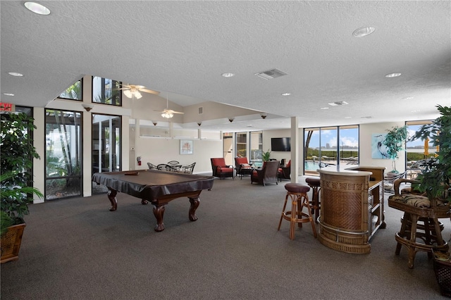 1501 Gulf Blvd Unit 201, Clearwater Beach, FL 33767 - recreation room with a textured ceiling, billiards table, carpet floors, recessed lighting, and a ceiling fan