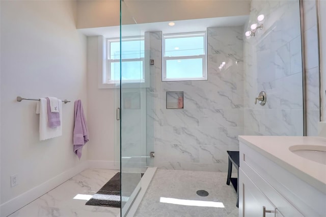 803 Oak Bend Ln, Dunedin, FL 34698 - full bathroom featuring a marble finish shower, marble finish floors, and vanity