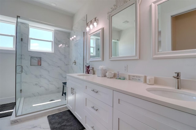 803 Oak Bend Ln, Dunedin, FL 34698 - full bath featuring a marble finish shower, double vanity, and marble look tile flooring
