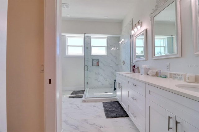 803 Oak Bend Ln, Dunedin, FL 34698 - bathroom featuring marble finish floors, double vanity, and a marble finish shower