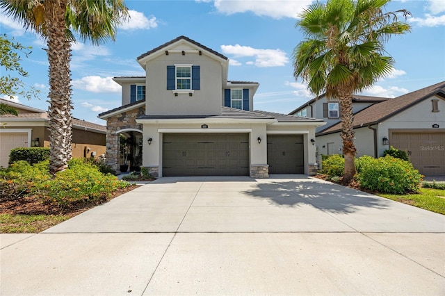 3532 Wicket Field Rd, Lutz, FL 33548 - traditional-style home with stone siding, stucco siding, a tiled roof, and concrete driveway