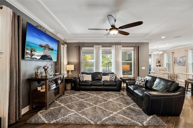 3532 Wicket Field Rd, Lutz, FL 33548 - living area with a ceiling fan, ornamental molding, wood finished floors, a chandelier, and recessed lighting