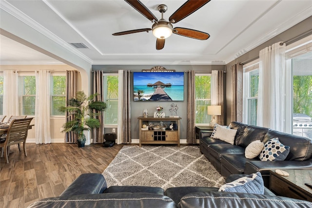 3532 Wicket Field Rd, Lutz, FL 33548 - living area featuring ceiling fan, wood finished floors, a raised ceiling, and crown molding