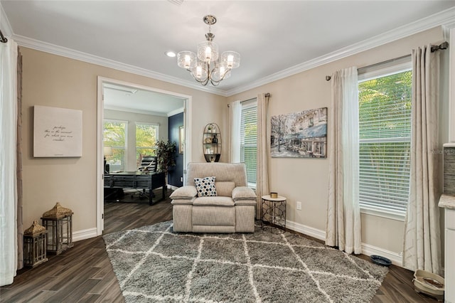 3532 Wicket Field Rd, Lutz, FL 33548 - living area featuring crown molding, dark wood-style flooring, an office area, and a chandelier
